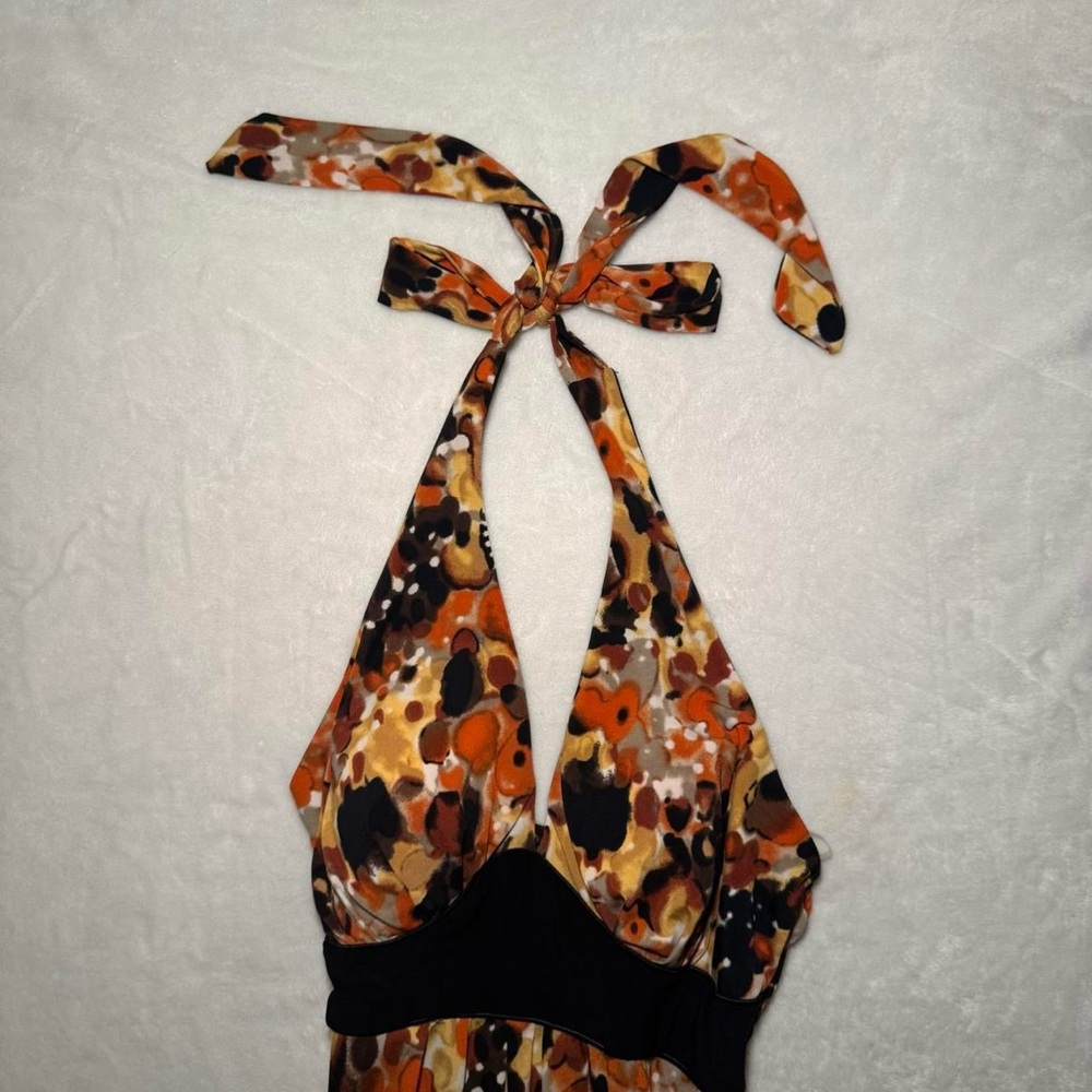 Vintage Halter Maxi Dress in Abstract Boho Chic Orange Yellow and Black Pattern - Picture 6 of 8